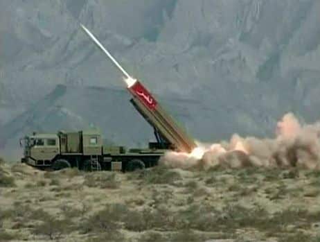 A Hatf 9 missile boosting from its launcher. Photo: ISPR Pakistan