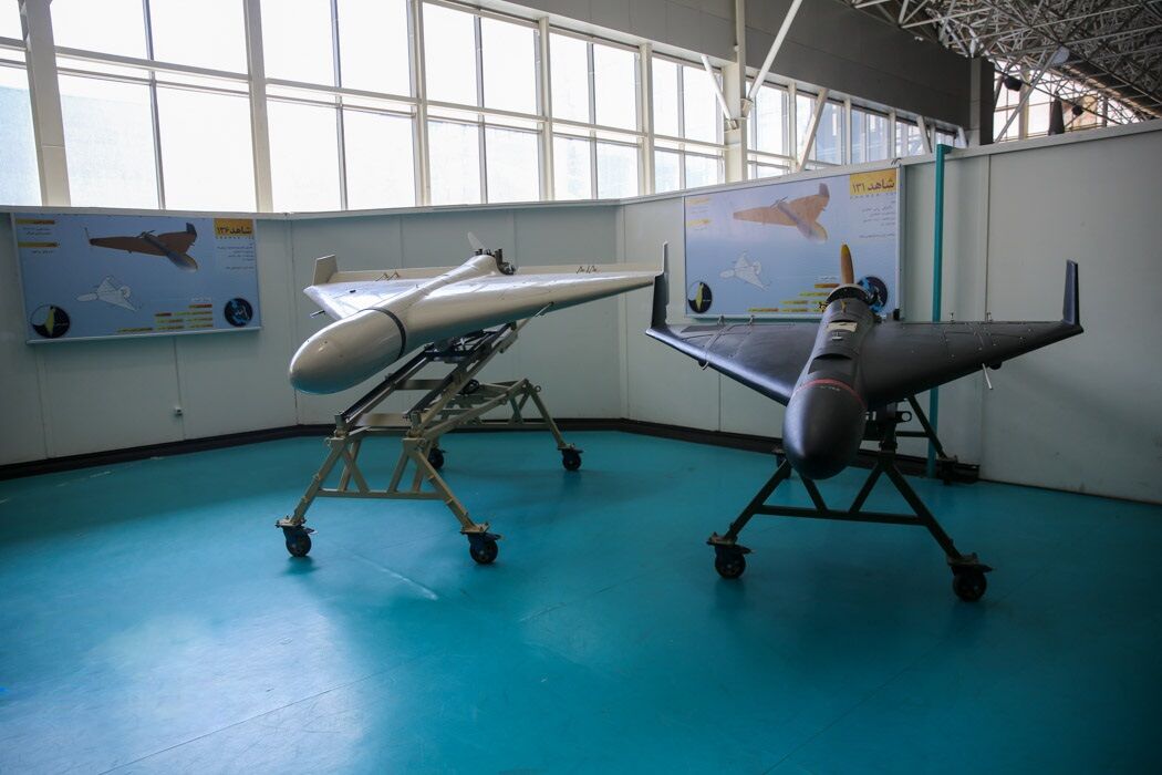 Shahed-136 displayed on the left and Shahed-131 displayed on the right at Iran’s National Aerospace Park in September 2023. Photo: Fars News Agency
