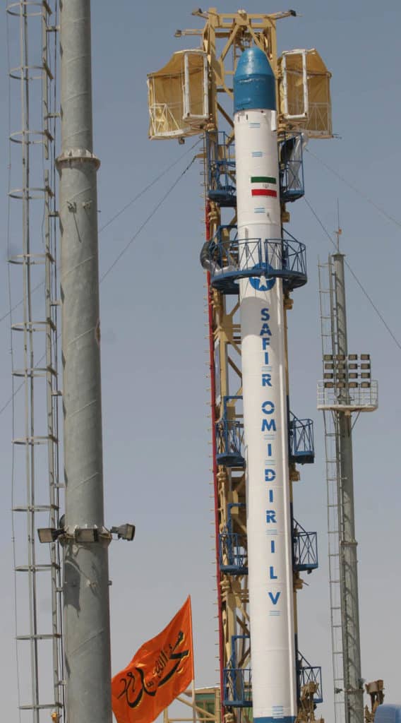 Iran’s Safir Omid rocket before launch. Photo: VAHIDREZA ALAI/AFP/Getty Images