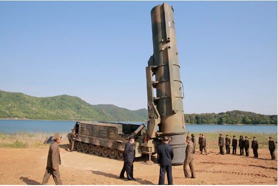 Pukguksong-2 transporter-erector-launcher in launch position, 2017. Photo: Rodong Sinmun