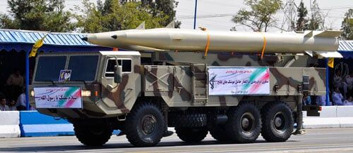 Fateh-110 on a mobile launcher. Photo: military.ir/Wikimedia Commons