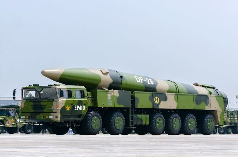 Early-model DF-26 TEL without hinged warhead cover. Photo: Chinese state broadcast