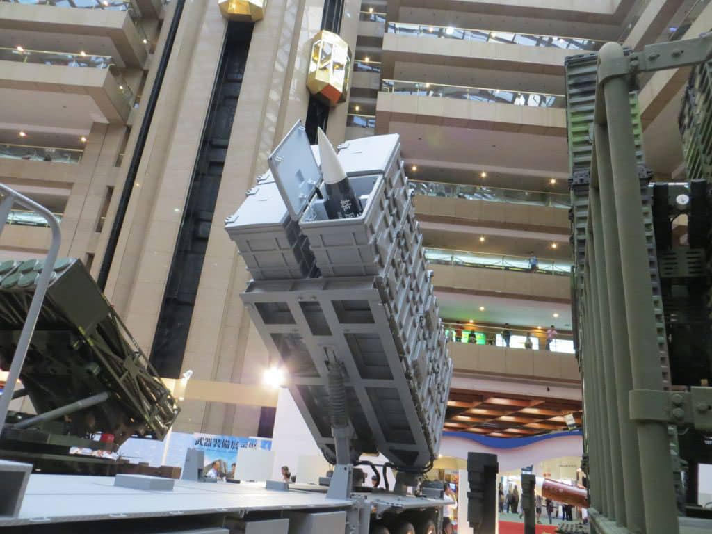 An HF-3B missile in a launcher on display.