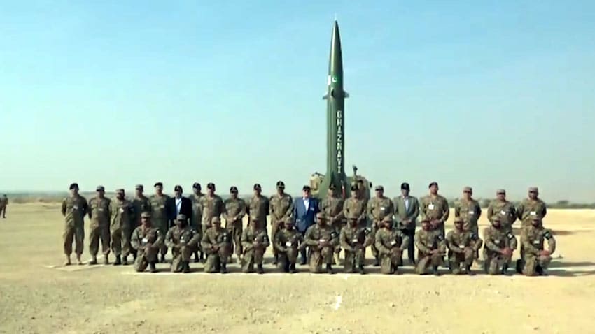 Missile crew posing in front of a Ghaznavi before an January 2020 test launch. Photo: Pakistan media