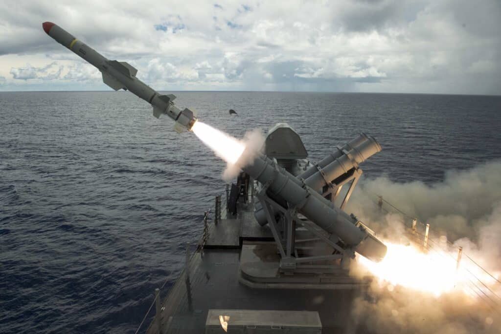 A Harpoon missile test fired in the Philippine Sea. Photo: U.S. Navy