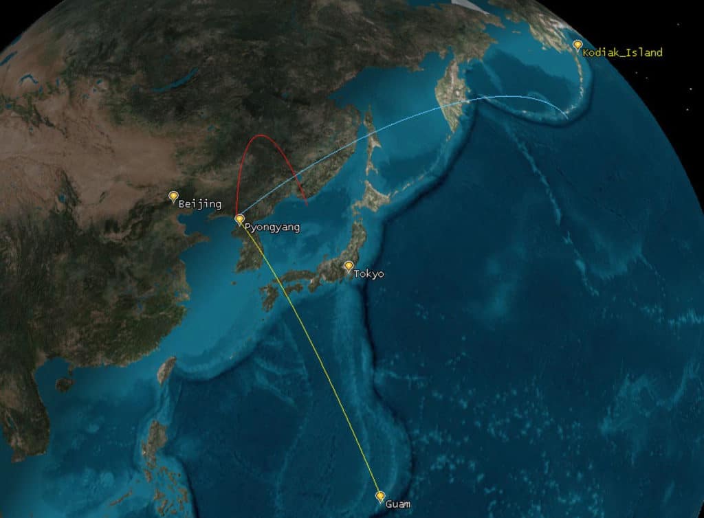 The red line indicate the flight path of the Hwasong-12 test on May 14, 2017. The blue and yellow lines indicate other possible flight paths on more depressed trajectories. Image: CSIS