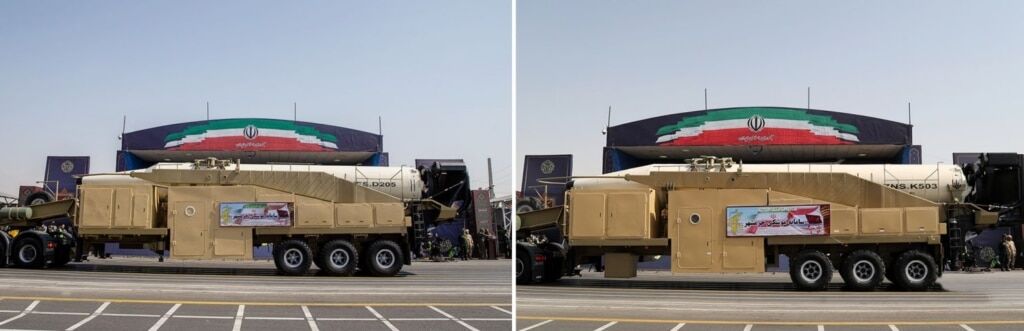 Two versions of the Khorramshahr missile paraded in September 2019. Photo: Fars News Agency via Jane’s