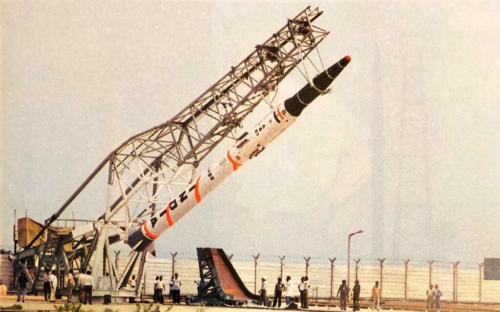 Agni technology demonstrator, with Prithvi second stage and ullage motors (external). Photo: DRDO