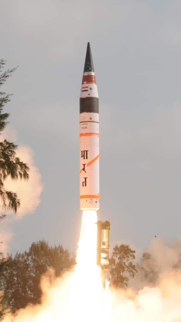 First Agni-V flight test, April 2012. Note hot launch from rail-mobile system. Photo: DRDO