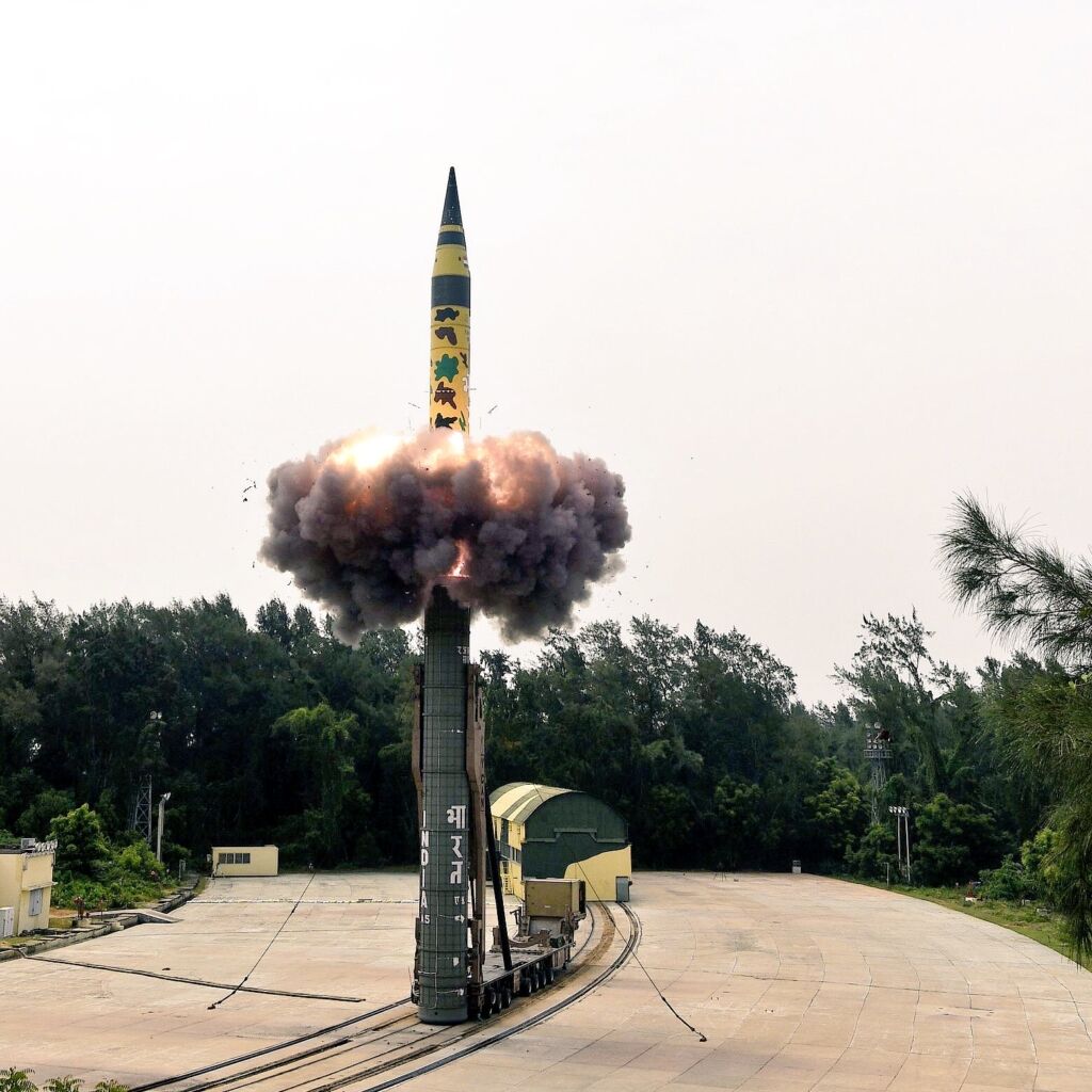 Agni-V SFC user trial launch, June 2018. Note cold-gas ejection from canister and operational paint scheme. Photo: DRDO