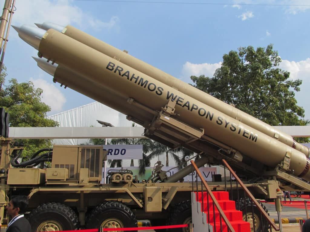 A BrahMos missile on its launcher.