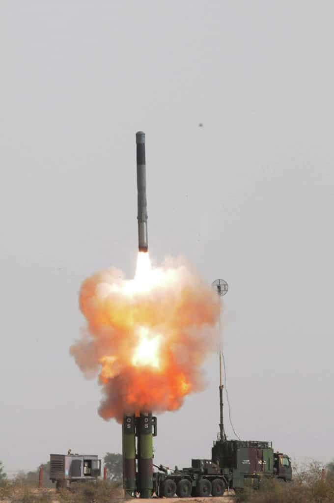 A BrahMos missile launched from a truck.