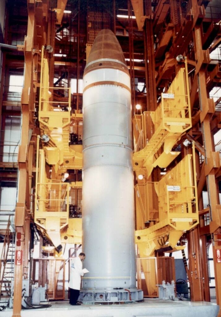 An M45 missile prototype on its test stand.
